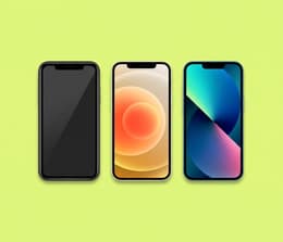 iPhone 11, iPhone 12, and iPhone 13 aligned front-facing on a light grey background, all with displays on showing the home screen. iPhone 11 features rounded edges and thicker bezels, iPhone 12 has flat edges and thinner bezels, while iPhone 13 follows the 12’s design but with a smaller notch.