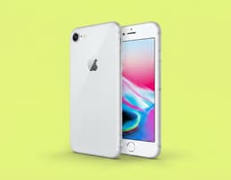 iPhone 8 con retro in vetro e cornice in alluminio su sfondo bianco.