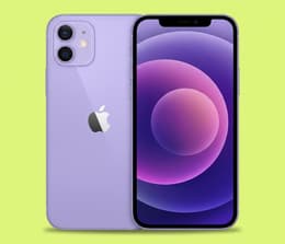 iPhone 12 visto di fronte e di retro, con etichette grafiche che evidenziano: display Super Retina XDR da 6.1", doppia fotocamera da 12 MP, design in alluminio piatto e opzioni di archiviazione 64/128/256 GB